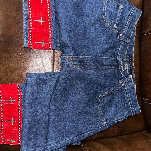 Double D Blue Jeans with Red Velvet and crosses - Picture 1 of 7